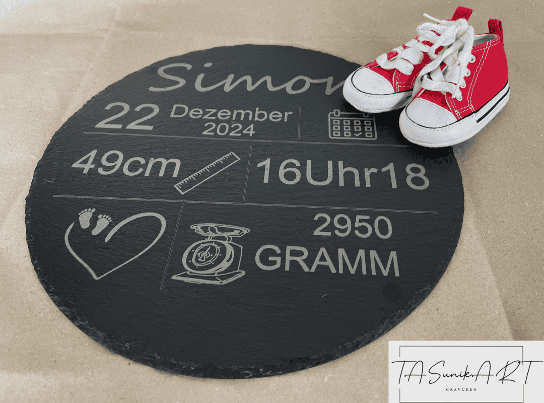 Schieferplatte rund, Geburtstafel, Geschenk zur Geburt – Bild 4