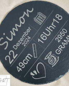 Schieferplatte rund, Geburtstafel, Geschenk zur Geburt
