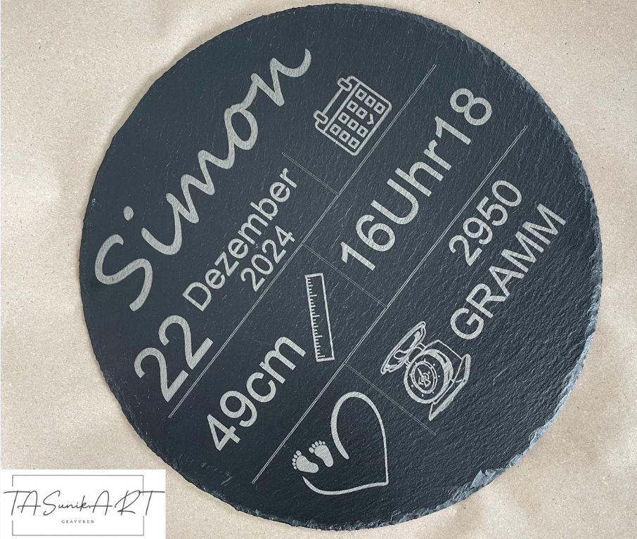 Schieferplatte rund, Geburtstafel, Geschenk zur Geburt – Bild 2